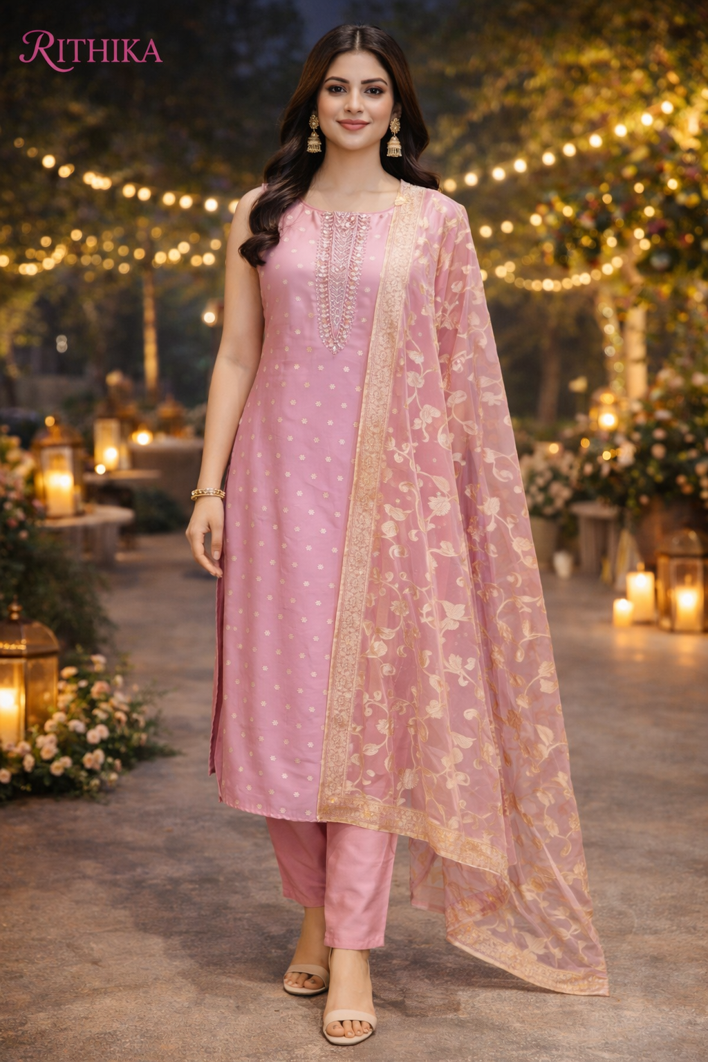 Blush Pink Embroidered Kurta Pant Set with Organza Dupatta